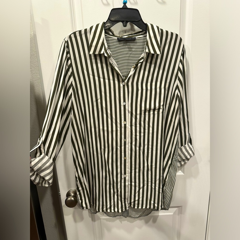 Dark green and white striped button down